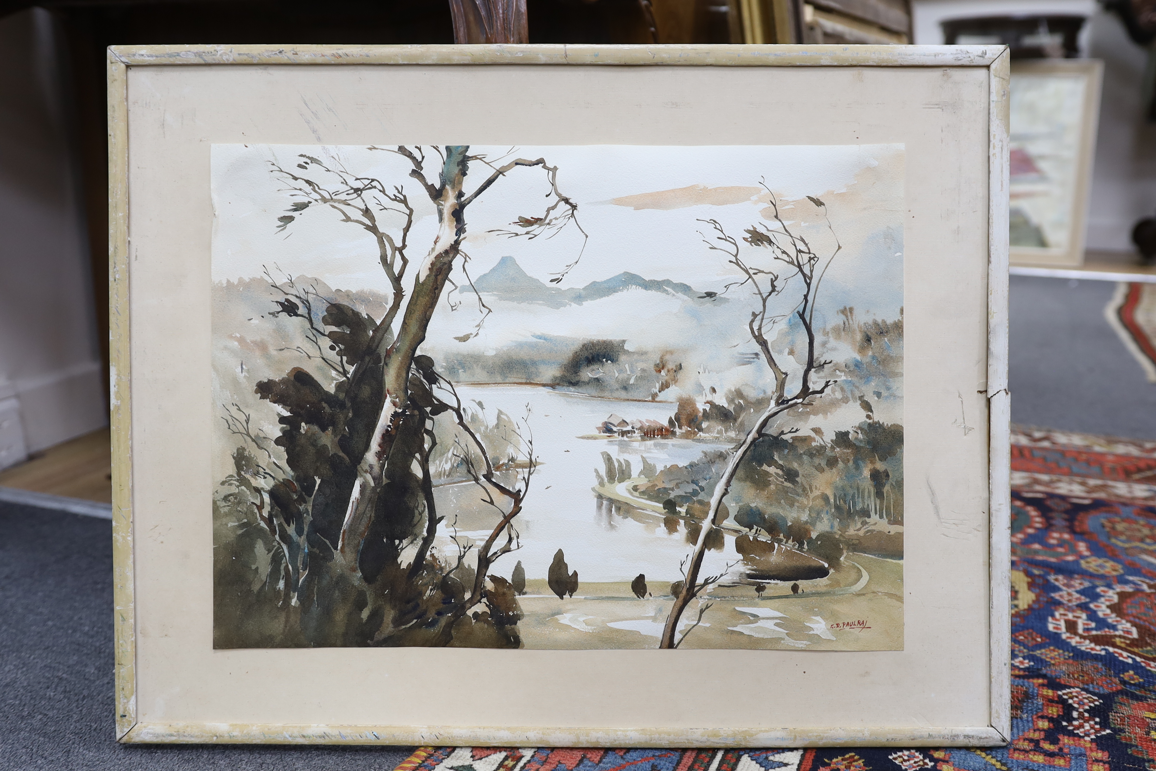 G.D. Paulraj (Indian, 1914-1989), watercolour, River landscape, signed, 37 x 51cm